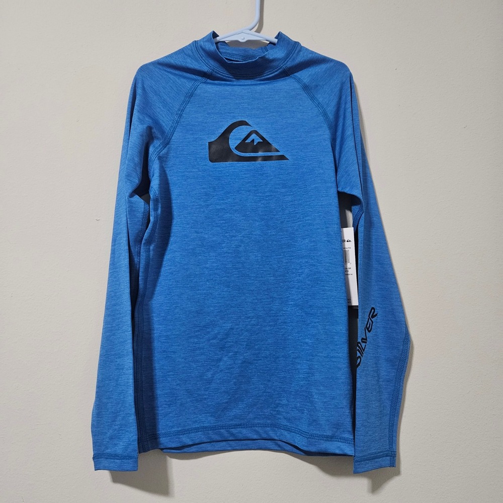 Quiksilver Youth Long Sleeve Rash Guard Blue UPF 50+ Swim Shirt S/10 NEW‎